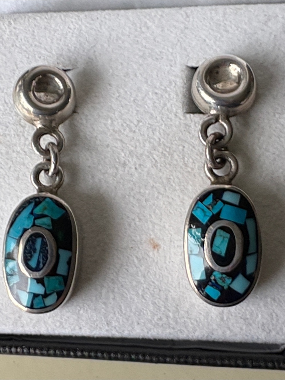 Vintage Taxco Sterling Silver Mosaic Turquoise Dangle Earrings 12g TS-102
